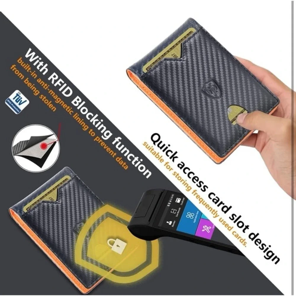 NEW Men's Minimalist Slim Black Carbon Fiber‎ & Orange Wallet w/ Money Clip